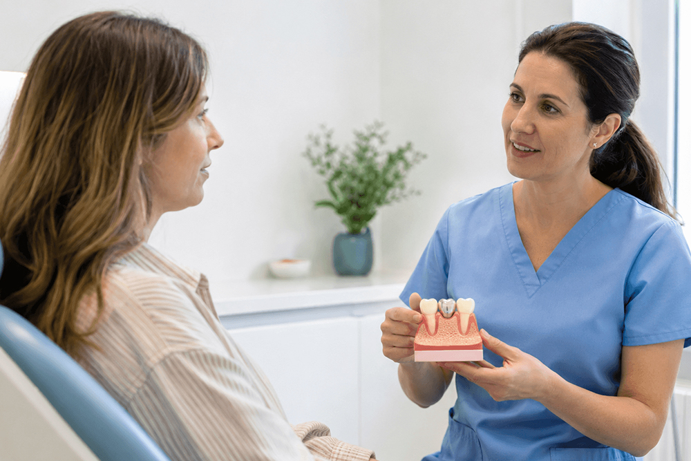 Dentist examining a damaged tooth to determine whether a dental crown may be needed in Mississauga.