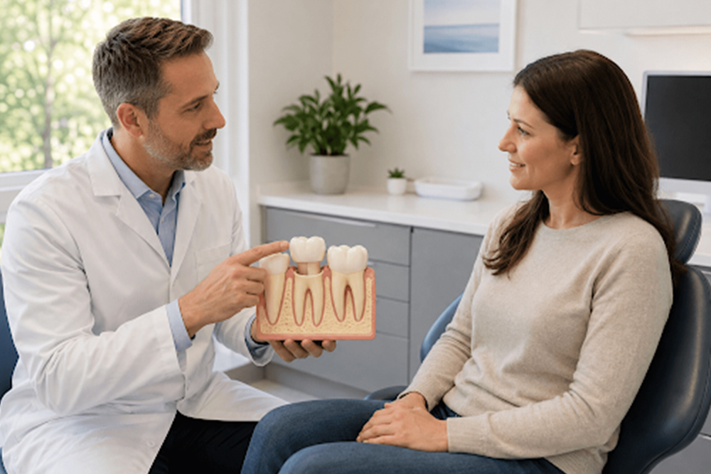 Dentist on Airport Road assessing a patient with a cracked or weakened tooth for a possible dental crown.