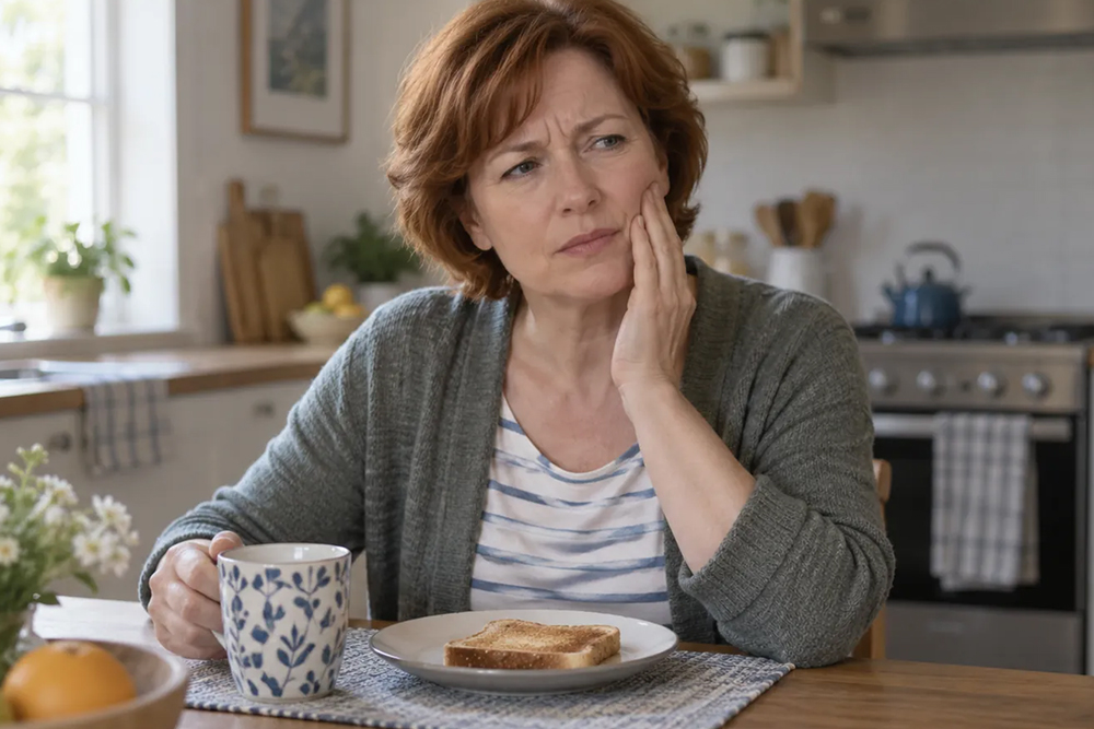 Woman touches her cheek with a concerned expression, seated at breakfast with toast and a mug.